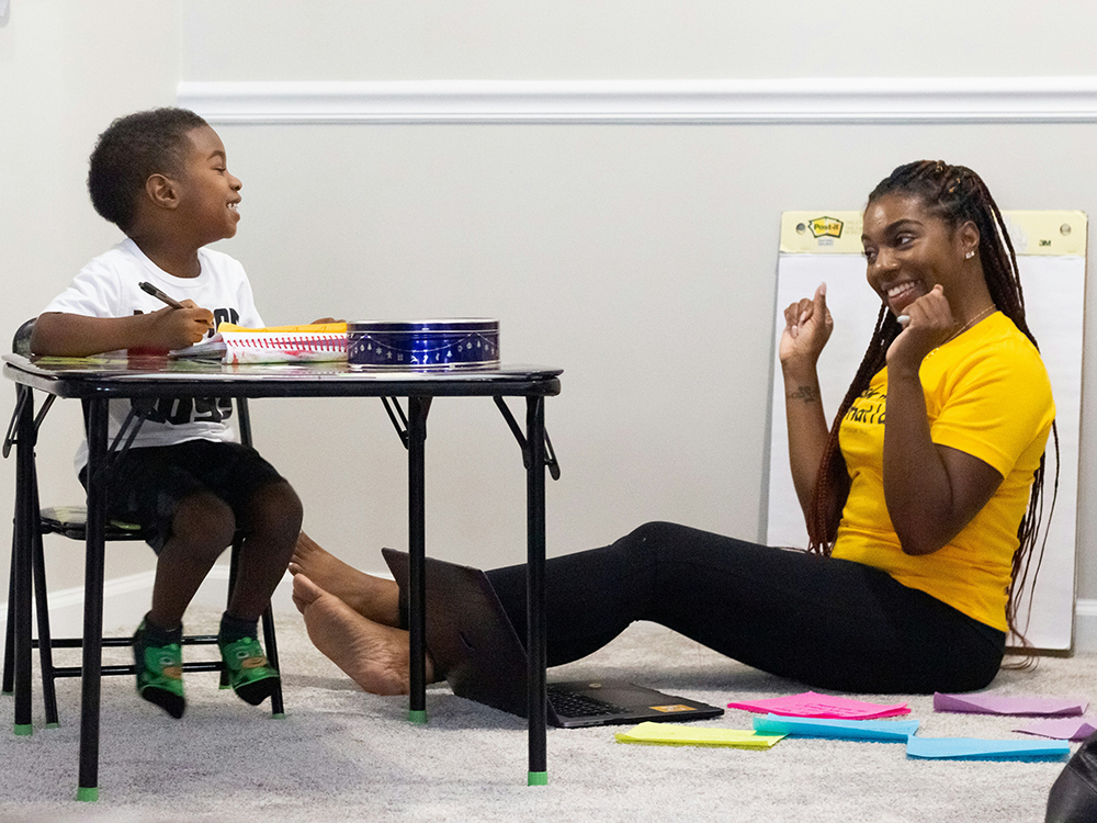 Mom teaching son